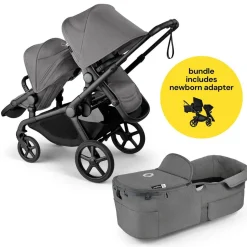 Bugaboo Kangaroo All-Position Newborn Double Stroller Bundle - Black / Moon Grey / Moon Grey