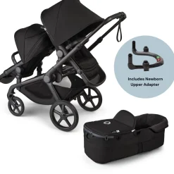 Bugaboo Kangaroo Complete All-Position Double Stroller + Bassinet Bundle - Midnight Black