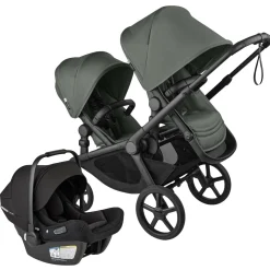 Bugaboo Kangaroo Double Seat Stroller + Turtle Air Shield by Nuna Travel System Bundle - Black / Forest Green / Forest Green