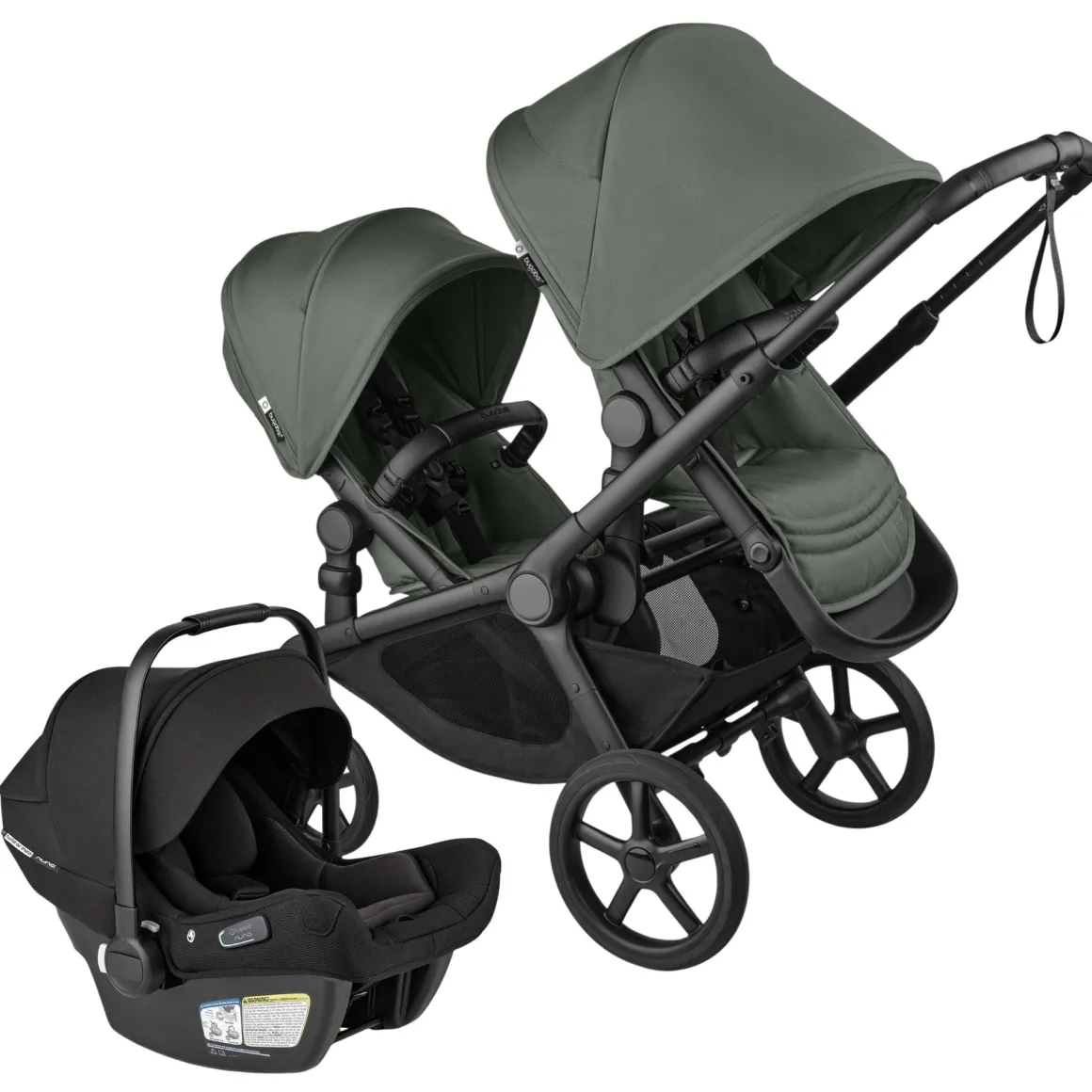 Bugaboo Kangaroo Double Seat Stroller + Turtle Air Shield by Nuna Travel System Bundle - Black / Forest Green / Forest Green