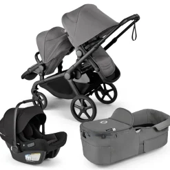 Bugaboo Kangaroo Double Stroller + Turtle Air Shield By Nuna Travel System Bundle - Black / Moon Grey / Moon Grey