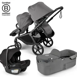 Bugaboo Kangaroo Double Stroller + Turtle Air Shield By Nuna Travel System Bundle - Black / Moon Grey / Moon Grey