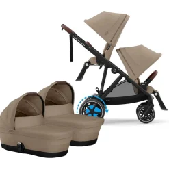 Cybex eGazelle S Electronic Assist Twin Stroller + Cot Bundle - Black Frame / Almond Beige