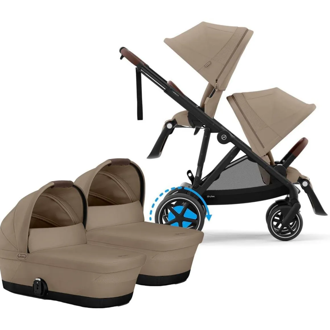 Cybex eGazelle S Electronic Assist Twin Stroller + Cot Bundle - Black Frame / Almond Beige