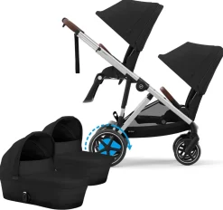 Cybex eGazelle S Electronic Assist Twin Stroller + Cot Bundle - Silver Frame / Moon Black