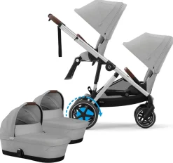 Cybex eGazelle S Electronic Assist Twin Stroller + Cot Bundle - Silver Frame / Stone Grey