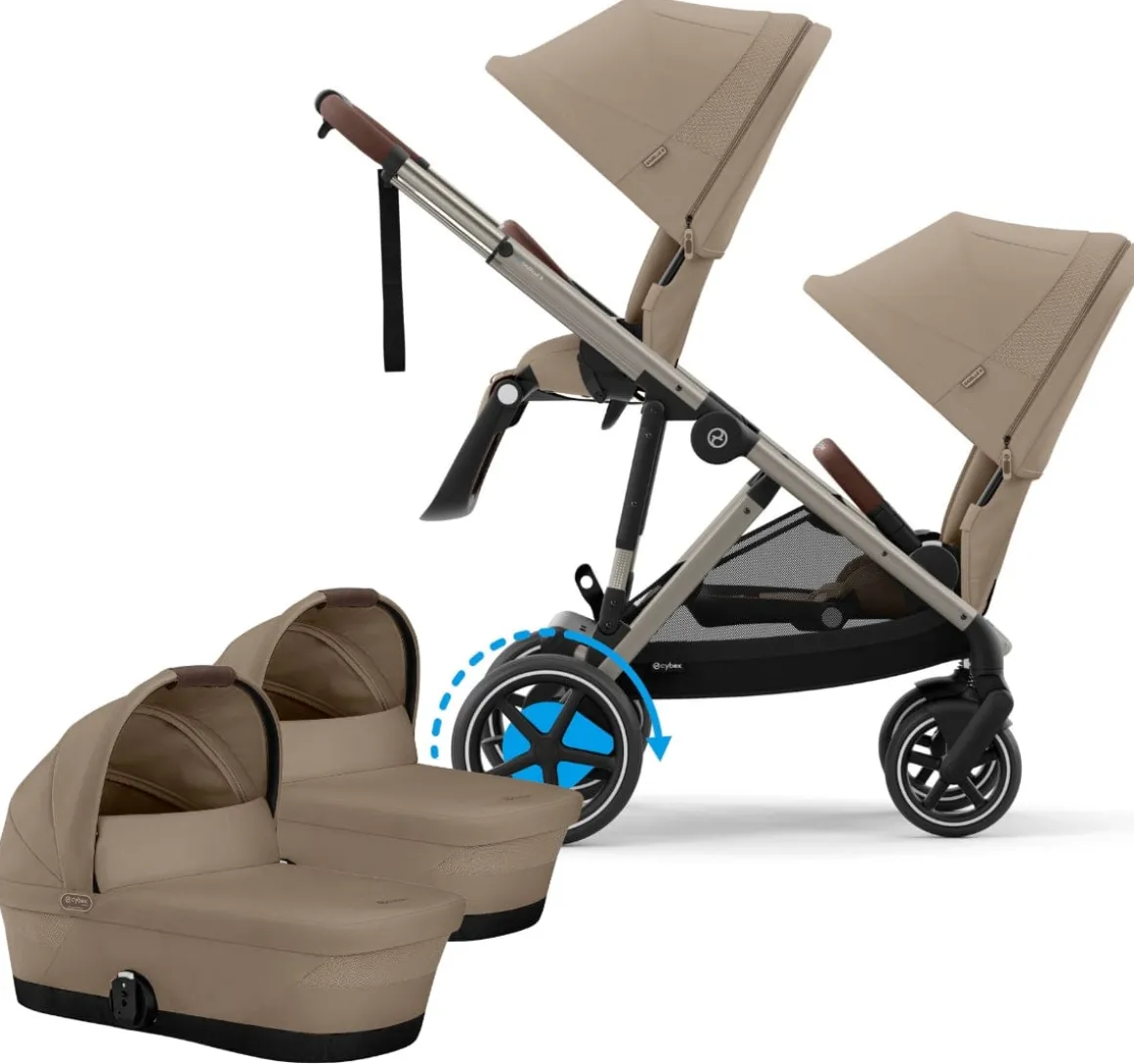 Cybex eGazelle S Electronic Assist Twin Stroller + Cot Bundle - Taupe Frame / Almond Beige