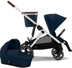 Cybex Gazelle S 2 Single-to-Double Stroller + Cot Bundle - Silver Frame / Ocean Blue