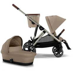 Cybex Gazelle S 2 Single-to-Double Stroller + Cot Bundle - Taupe Frame / Almond Beige