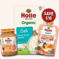 Holle Fruit & Grain Variety Bundle: Panda Peach, Mixed Fruit w/ Muesli Jars, Oat Cereal