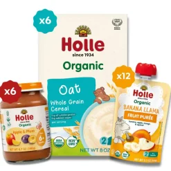 Holle Starting Solids Variety Bundle: Apple & Plum Jars, Oat Cereal, Banana Llama