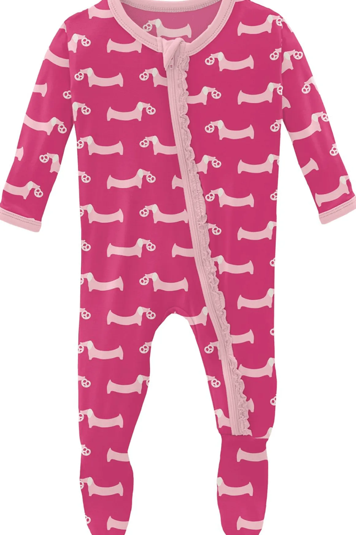 KicKee Pants Muffin Ruffle Footie with Zipper - Calypso Pretzel Pup, 3-6 Months