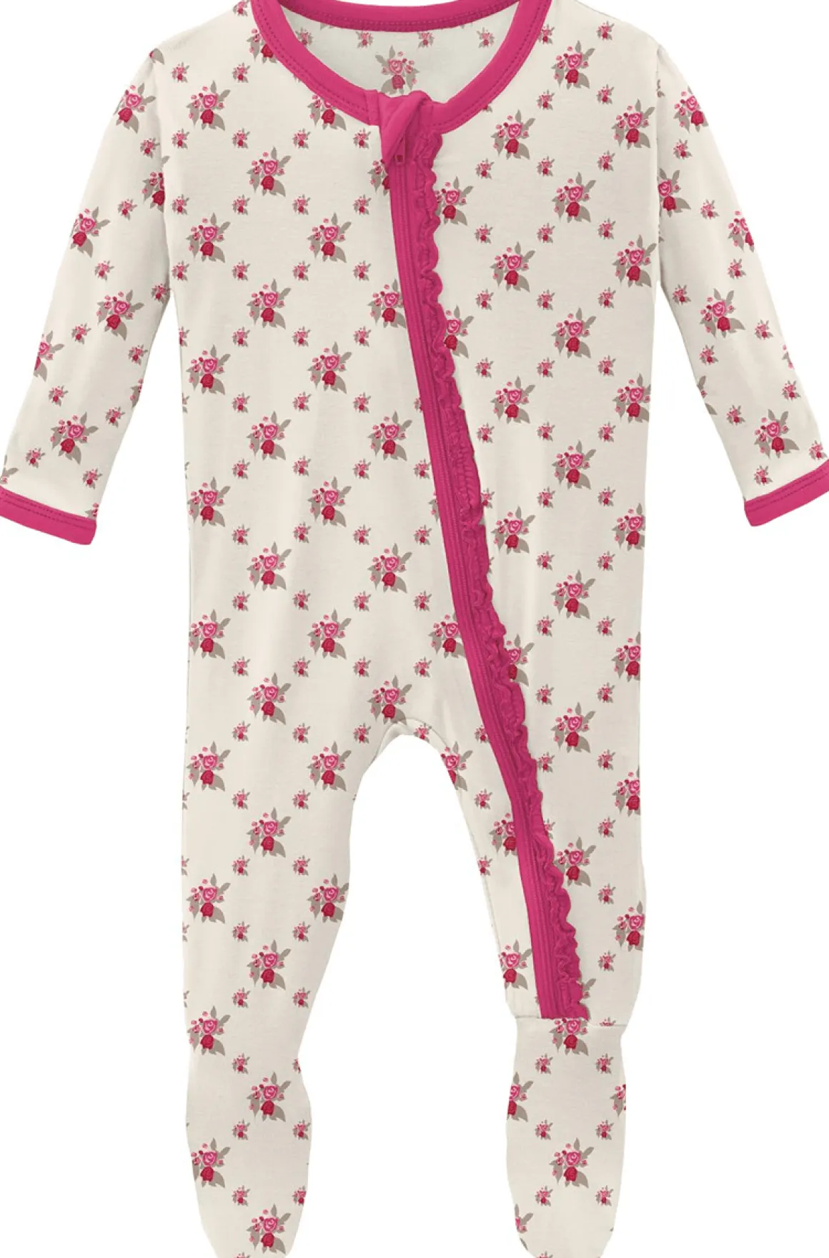 KicKee Pants Muffin Ruffle Footie with Zipper - Natural Rose Trellis, 12-18 Months