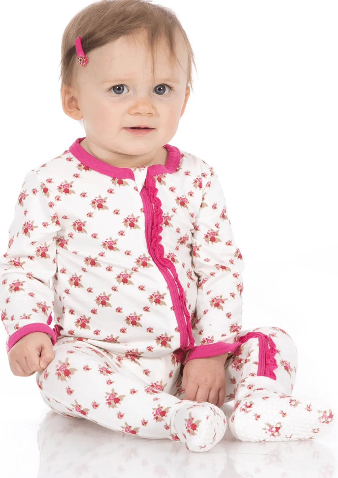 KicKee Pants Muffin Ruffle Footie with Zipper - Natural Rose Trellis, 3-6 Months