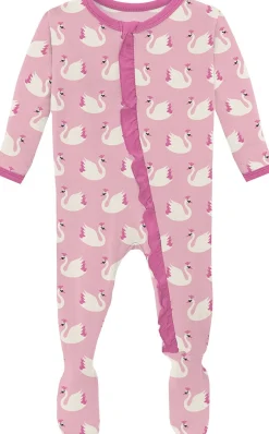 KicKee Pants Print Classic Ruffle Footie with 2 Way Zipper - Cake Pop Swan Princess, 0-3 Months