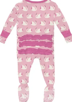 KicKee Pants Print Classic Ruffle Footie with 2 Way Zipper - Cake Pop Swan Princess, Newborn