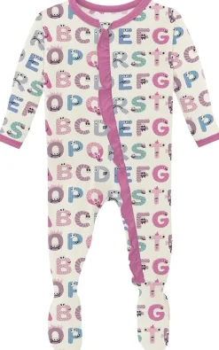 KicKee Pants Print Classic Ruffle Footie with 2 Way Zipper - Natural ABC Monsters, Newborn