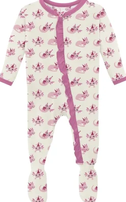 KicKee Pants Print Classic Ruffle Footie with 2 Way Zipper - Natural Axolotl Party, Newborn