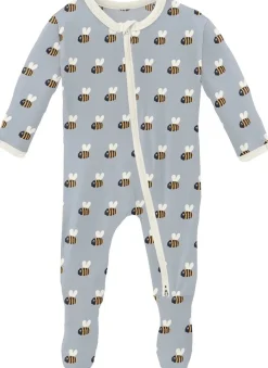 KicKee Pants Print Footie with 2 Way Zipper - Pearl Blue Baby Bumblebee, 3-6 Months
