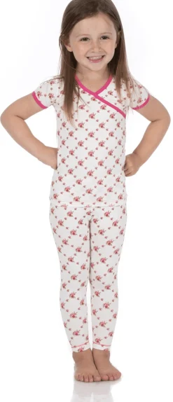 KicKee Pants Short Sleeve Kimono Pajama Set - Natural Rose Trellis, 2T