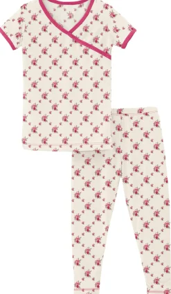 KicKee Pants Short Sleeve Kimono Pajama Set - Natural Rose Trellis, 4T
