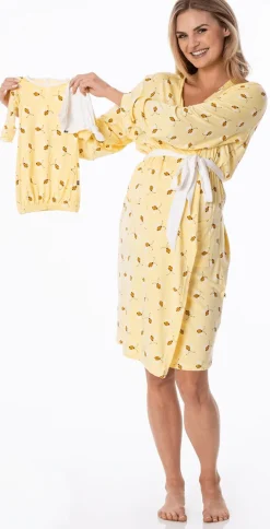 KicKee Pants Women's Mid Length Lounge Robe & Layette Gown Set - Wallaby Bees, L