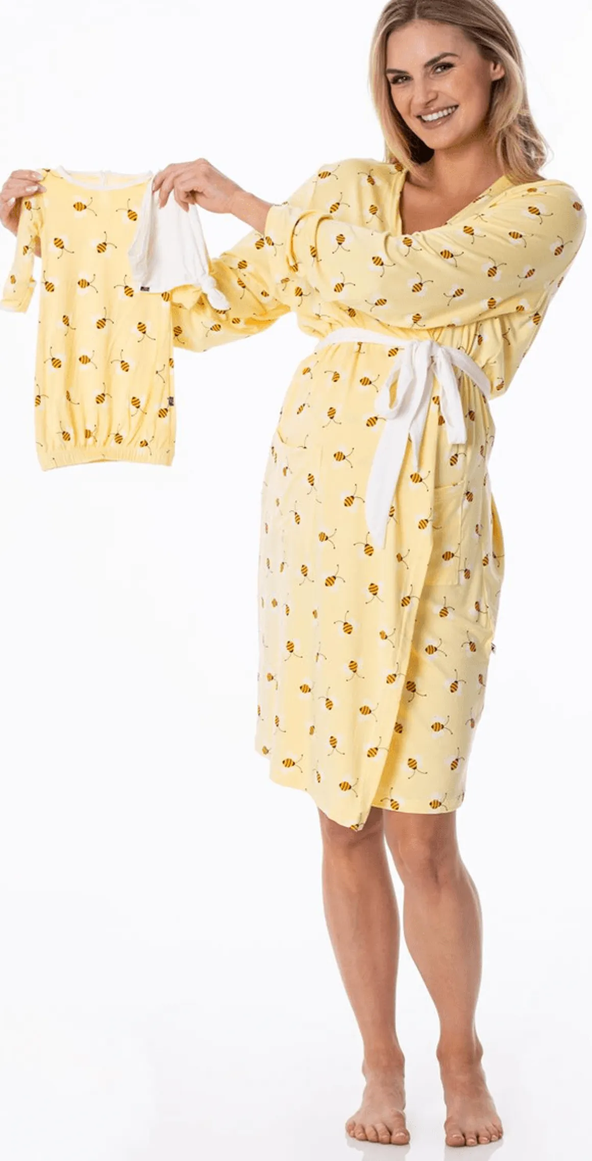 KicKee Pants Women's Mid Length Lounge Robe & Layette Gown Set - Wallaby Bees, L