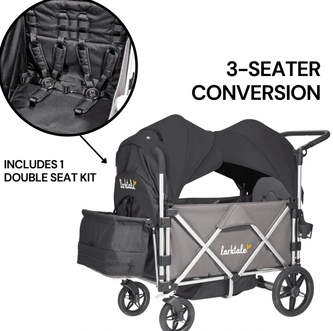 Larktale Caravan (3 Seater) Stroller Wagon Complete Bundle - Mornington Gray / Byron Black