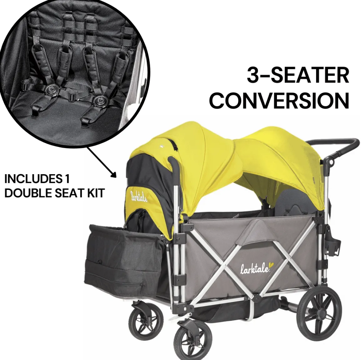 Larktale Caravan (3 Seater) Stroller Wagon Complete Bundle - Mornington Gray / Clovelly Yellow