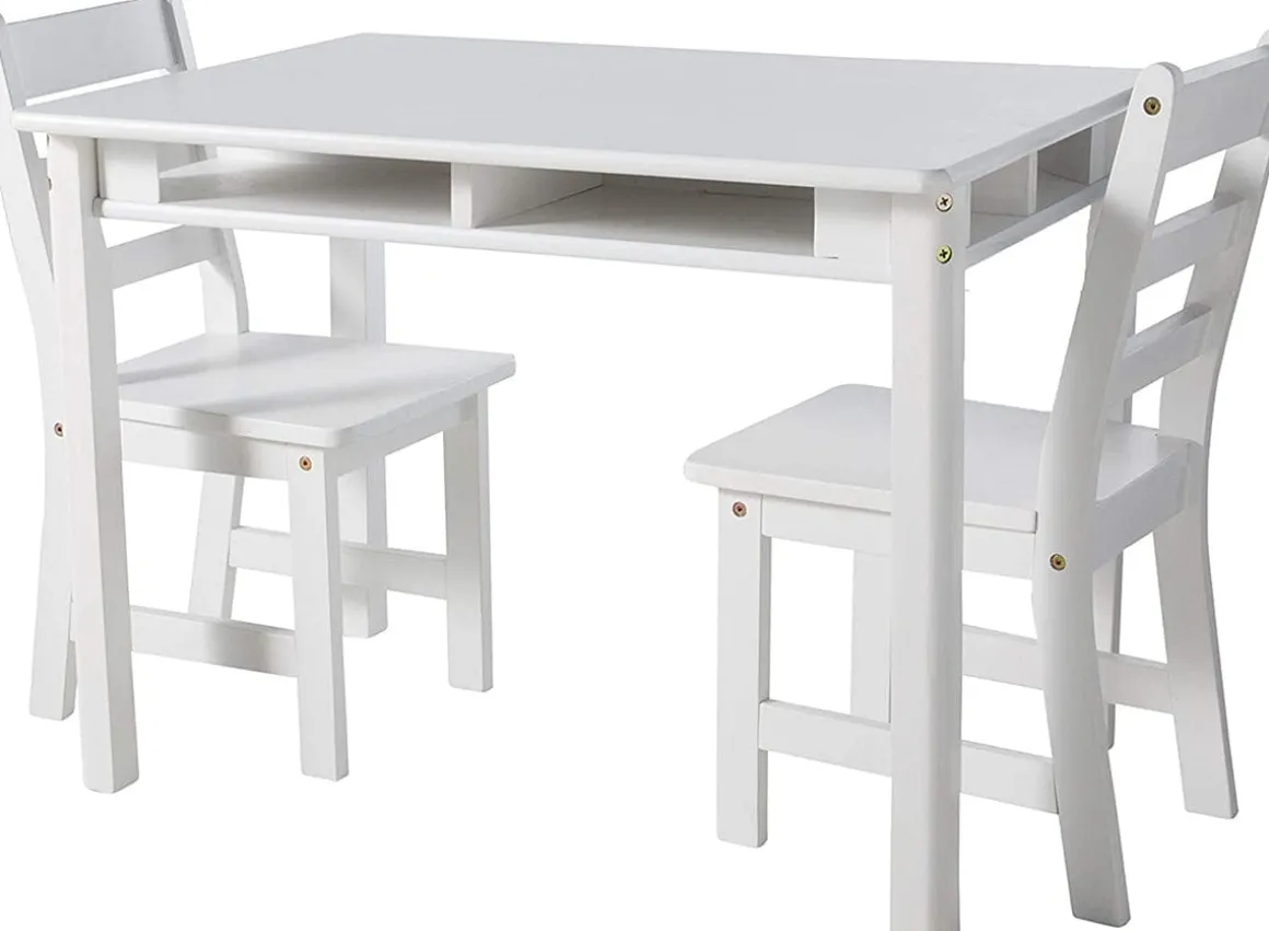 Lipper International Kids Rectangular Table with Shelves & 2 Chairs - White