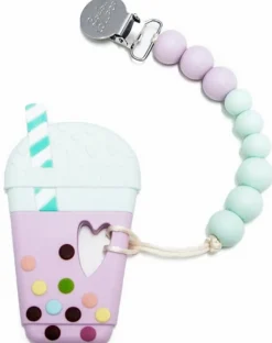 Loulou Lollipop Silicone Teether with Clip - Taro Milk Tea - Lilac/Mint