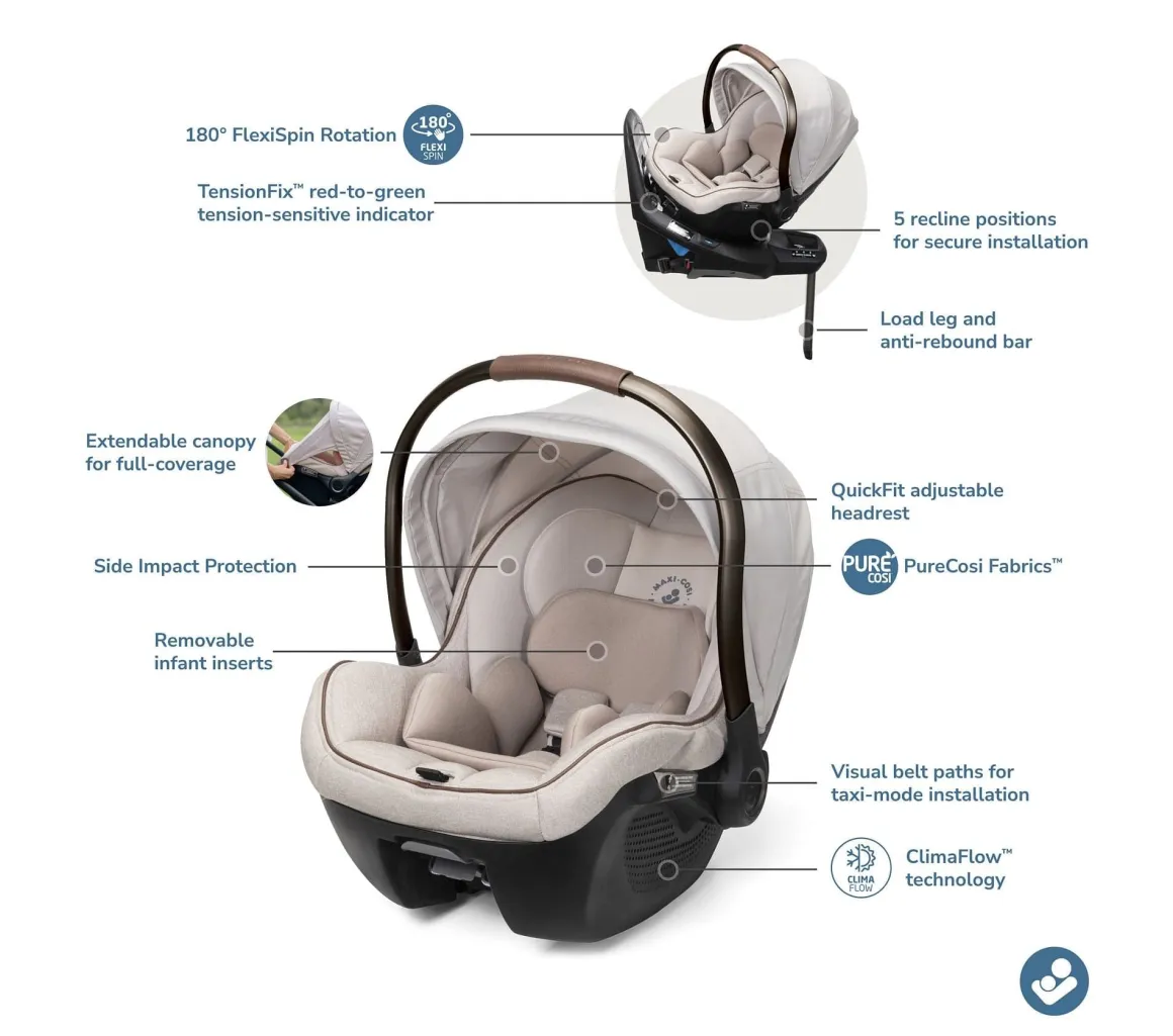Maxi-Cosi Tana 360 + Peri 180 Rotating Infant Car Seat Travel System Bundle - Onyx Heritage