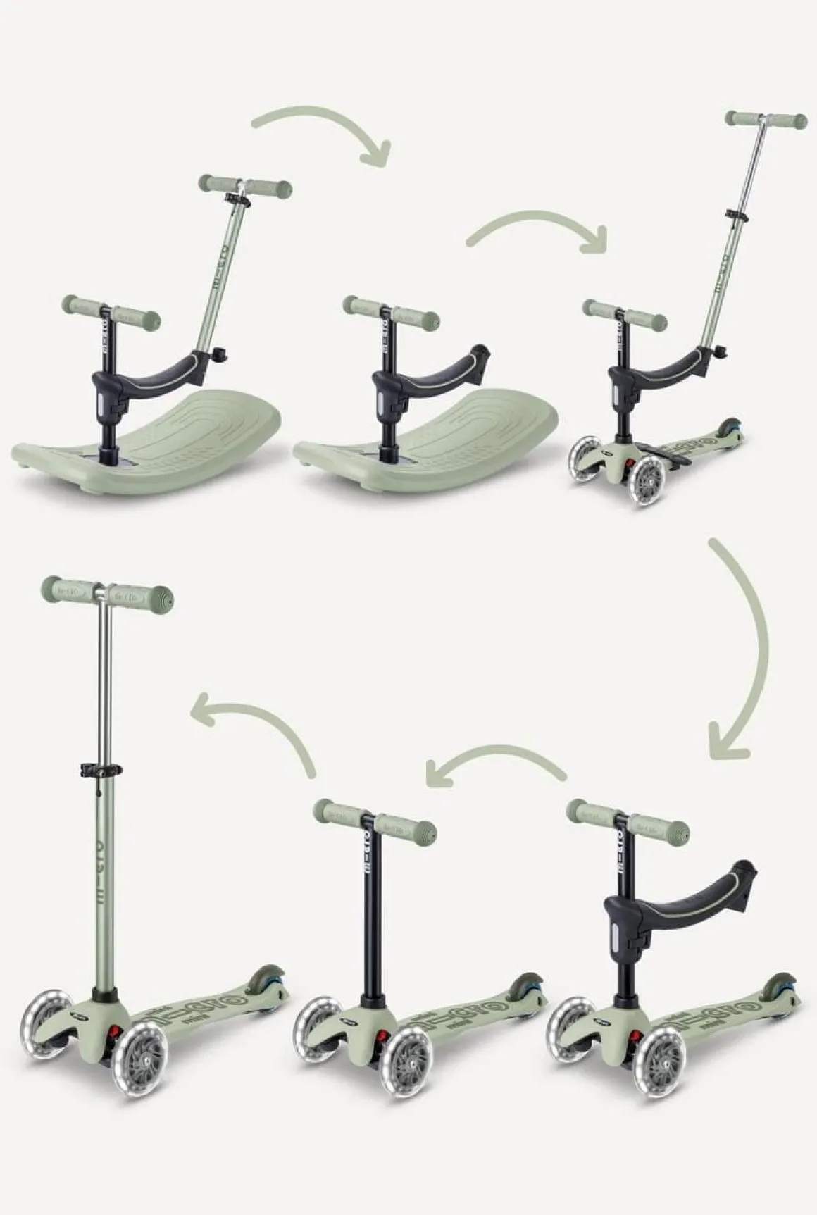 Micro Kickboard Mini Deluxe Rock & Go LED Scooter - Olive Sage
