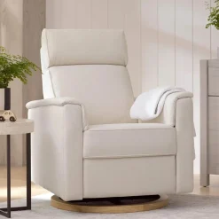 Monogram by Namesake Willa Plus Electric Glider Recliner w/ Electric Headrest - Performance Cream Eco-Weave w/Light Wood Base