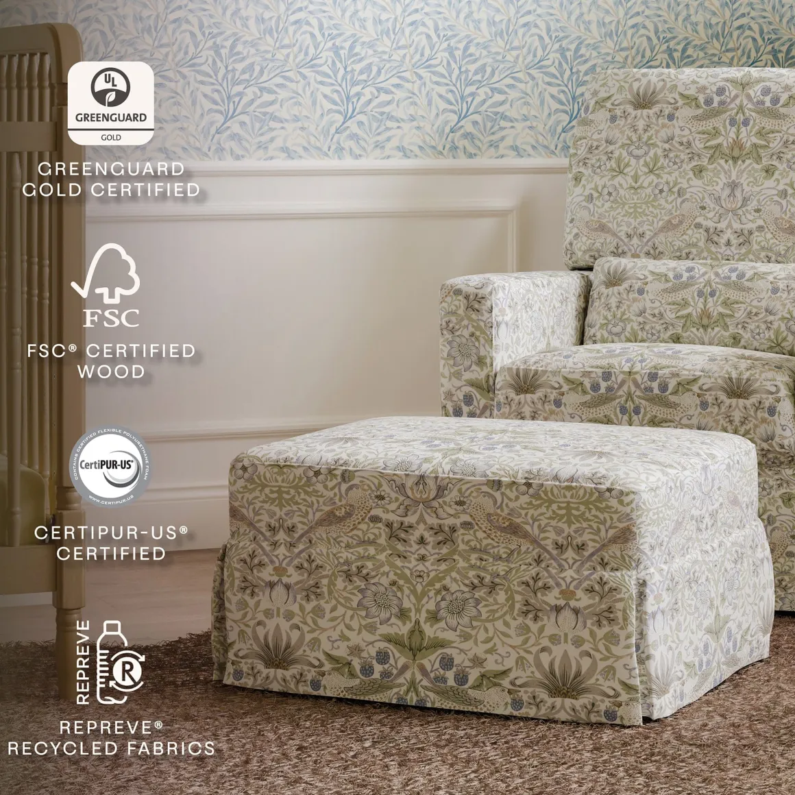 Morris & Co. x Namesake Crawford Gliding Ottoman - Strawberry Thief in Fig & Thyme