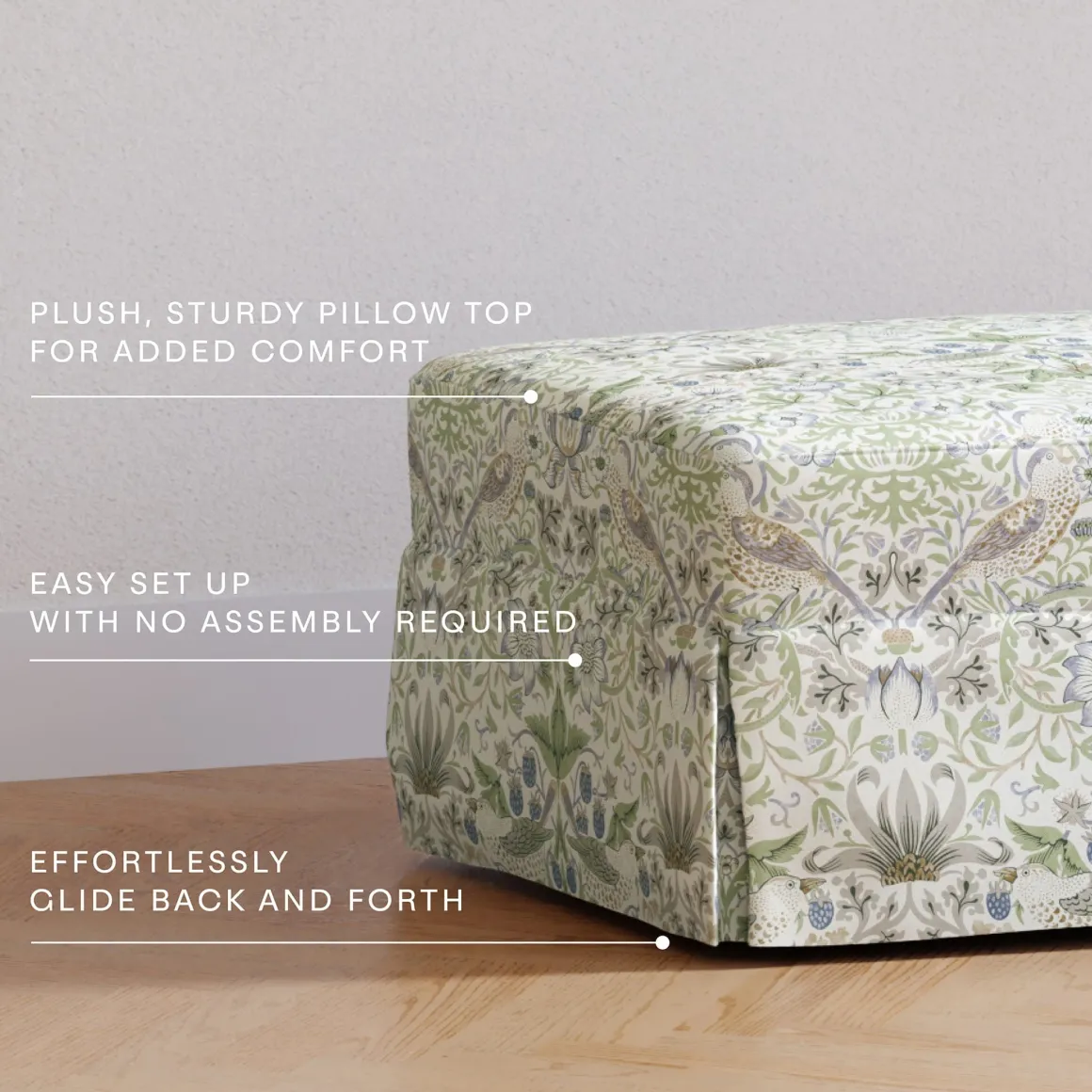 Morris & Co. x Namesake Crawford Gliding Ottoman - Strawberry Thief in Fig & Thyme