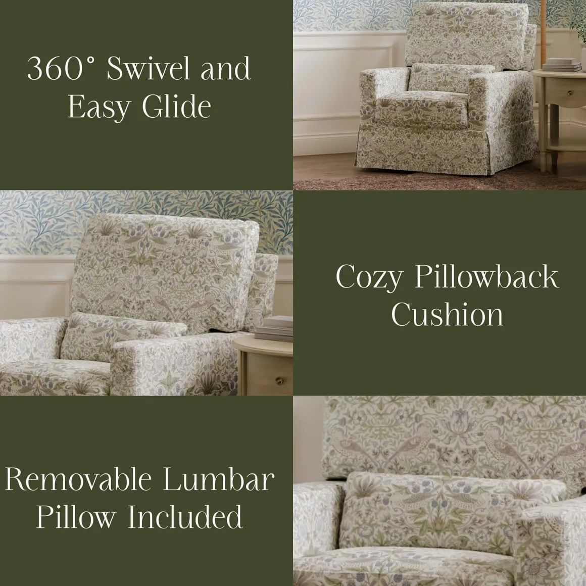 Morris & Co. x Namesake Crawford Pillowback Comfort Swivel Glider - Strawberry Thief in Fig & Thyme