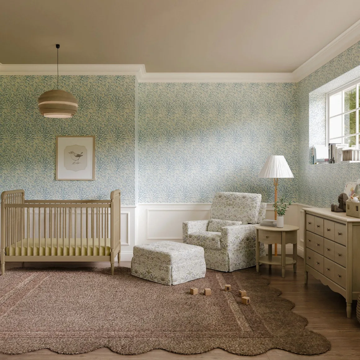 Morris & Co. x Namesake Crawford Pillowback Comfort Swivel Glider - Strawberry Thief in Fig & Thyme