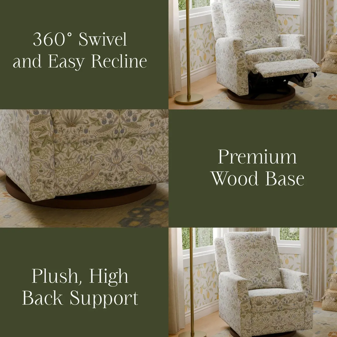 Morris & Co. x Namesake Crewe Swivel Glider Recliner - Strawberry Thief in Fig & Thyme