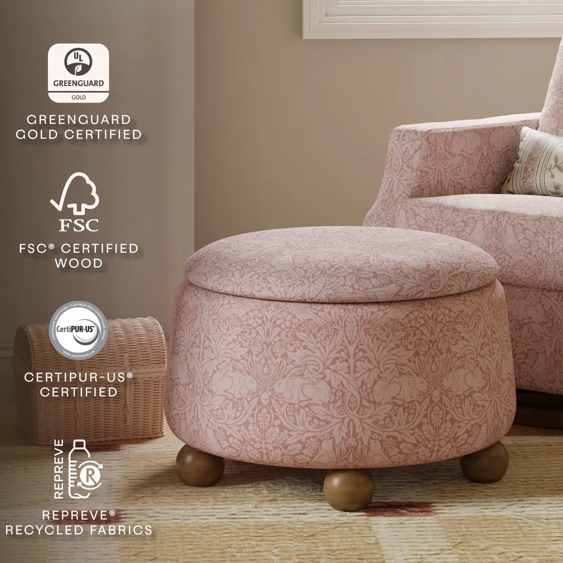 Morris & Co. x Namesake Tuffet Storage Ottoman - Pure Brer Rabbit in Rose