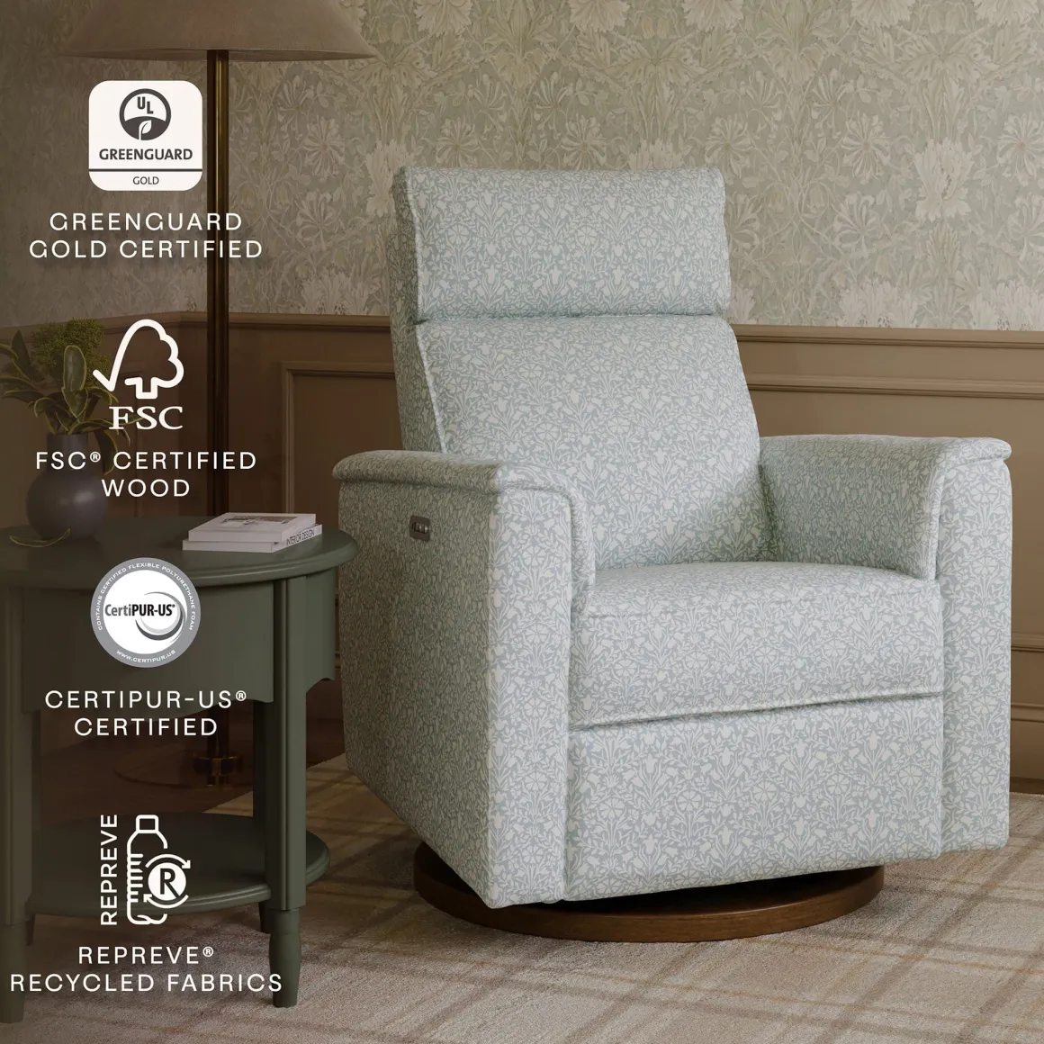 Morris & Co. x Namesake Willa Plus Power Glider Recliner w/ Power Headrest - Bellflowers in Powdered Blue