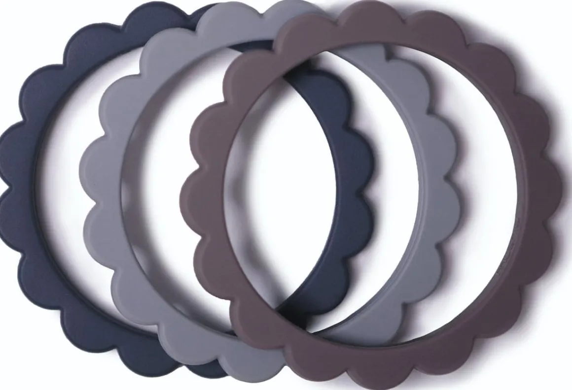 Mushie Flower Teething Bracelet 3-Pack - Steel/Dove Gray/Stone