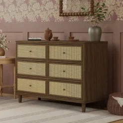 Namesake Marin with Cane 6 Drawer Assembled Dresser - Natural Walnut / Blonde Cane