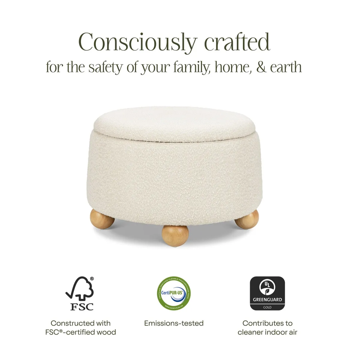 Namesake Tuffet Storage Ottoman - Performance Ivory Boucle with Honey Ball Feet