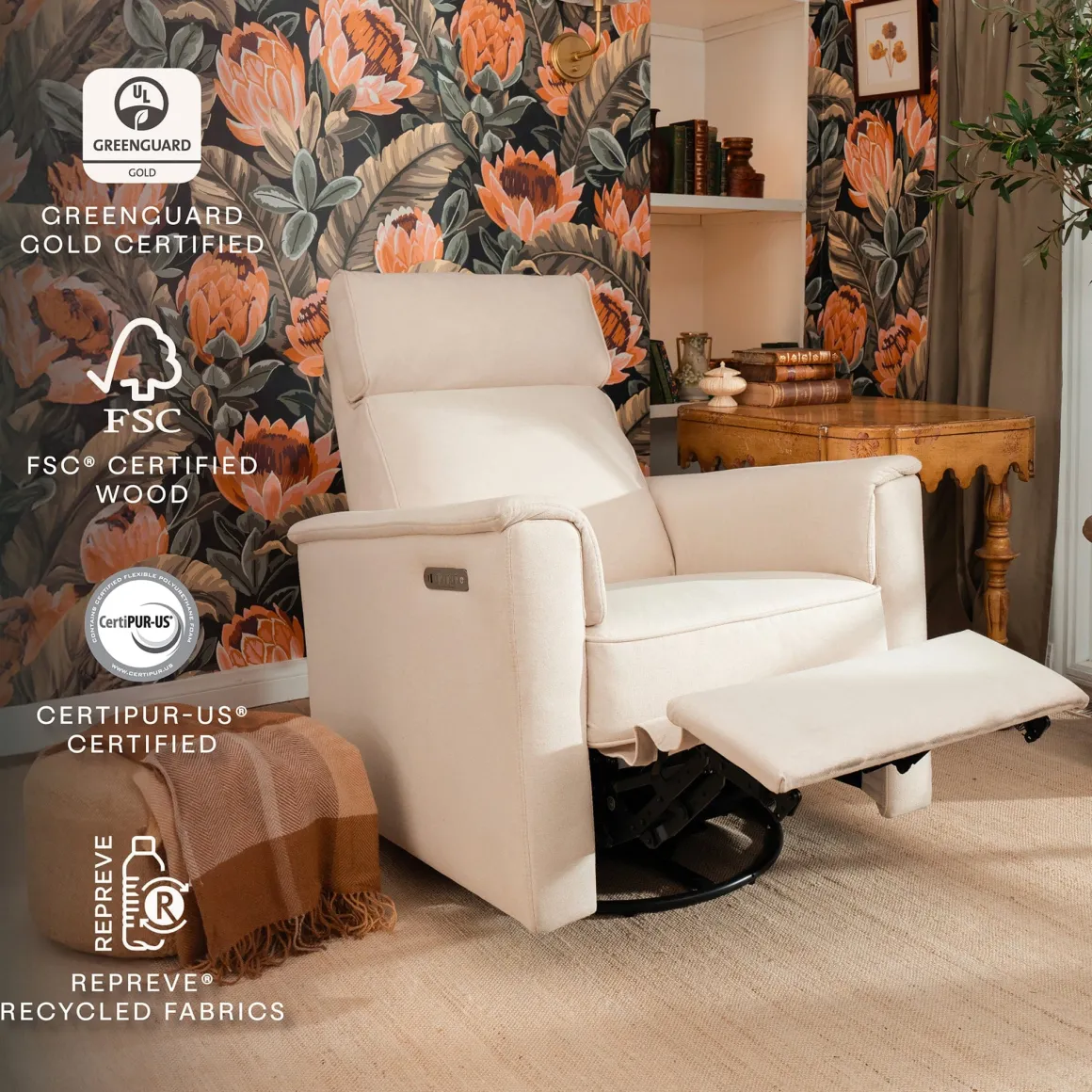 Namesake Willa Pro Power Recliner and Swivel Glider with Power Headrest, Lumbar & Light - Performance Cream Eco-Weave