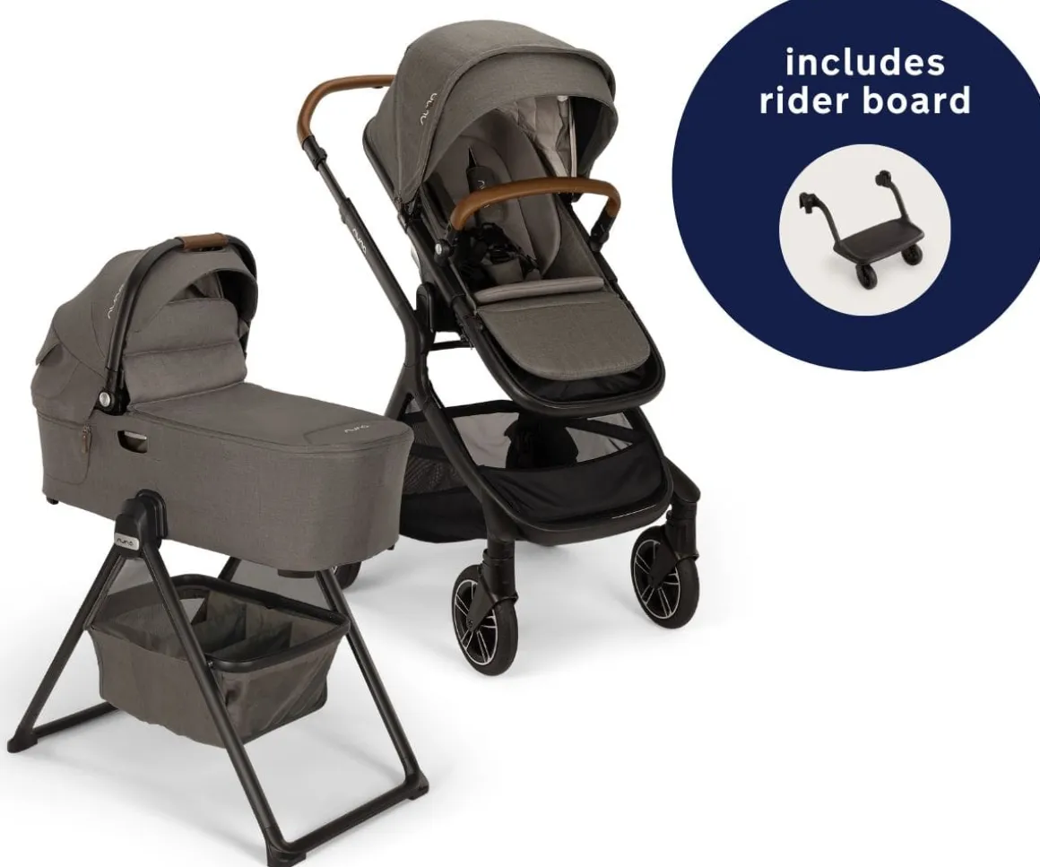 Nuna DEMI Next Stroller with Rider Board + DEMI Next Bassinet with Stand Bundle - Granite