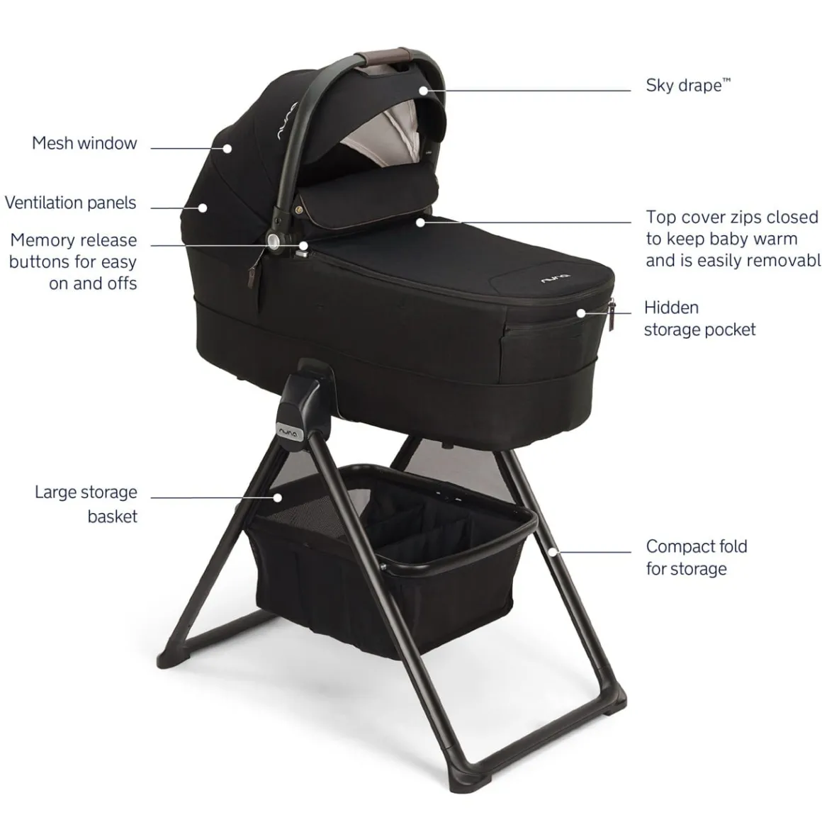 Nuna MIXX Series Bassinet + Stand (Folds with Stroller) - Caviar