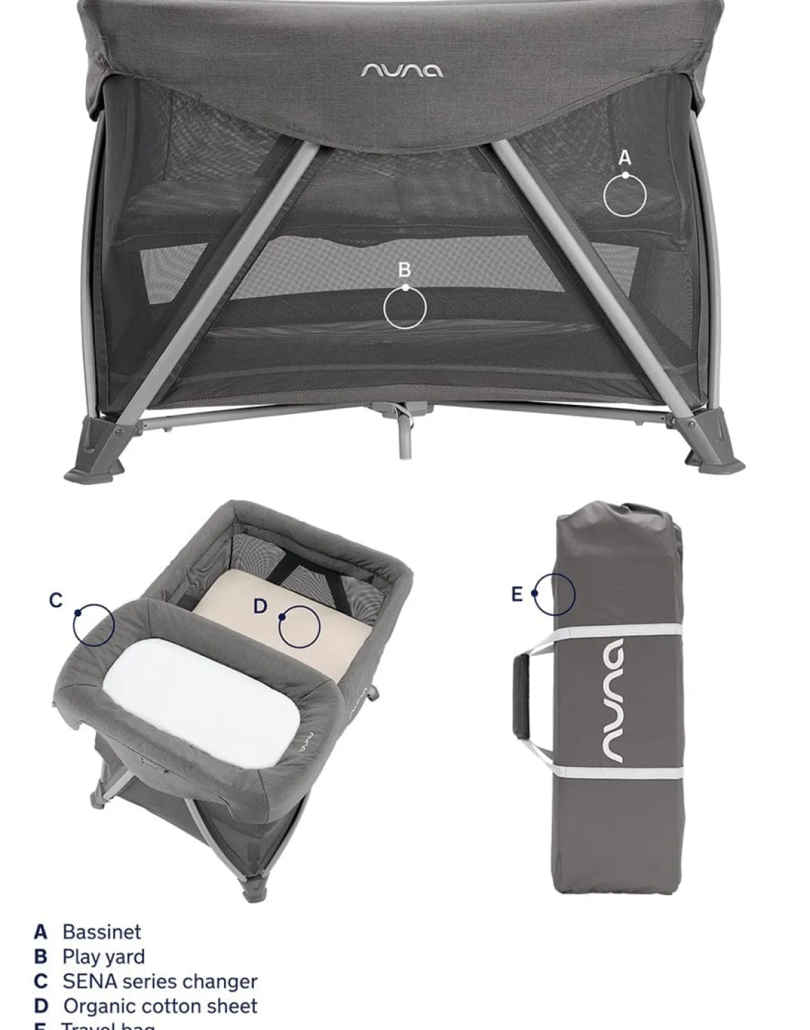 Nuna SENA Aire Playard with Zip-Off Bassinet + Changer (One Box) - Granite