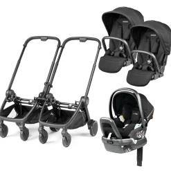 PEG City Loop Double Stroller + Primo Viaggio Lounge Travel System Bundle - Black / True Black / True Black