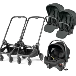 PEG City Loop Double Stroller + Primo Viaggio Urban Mobility Baseless Infant Car Seat Travel System Bundle - Black / Metal / True Black